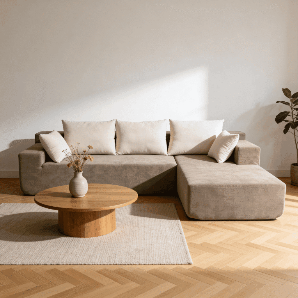 Salon moderne avec canapé d’angle beige, table basse bois ronde, tapis clair et plante verte