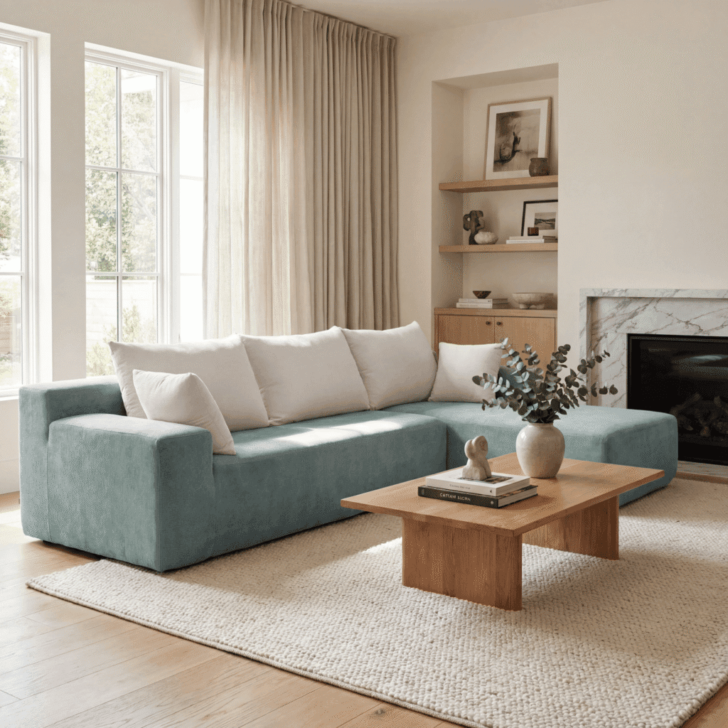 Helles, modernes Wohnzimmer mit grossem grünem Ecksofa, Couchtisch aus Holz und Marmorkamin