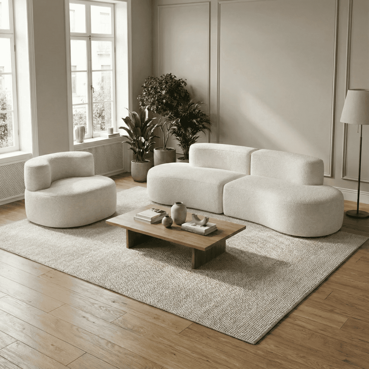 Salon moderne minimaliste avec canapé arrondi blanc, fauteuil design, table basse bois et lumière naturelle
