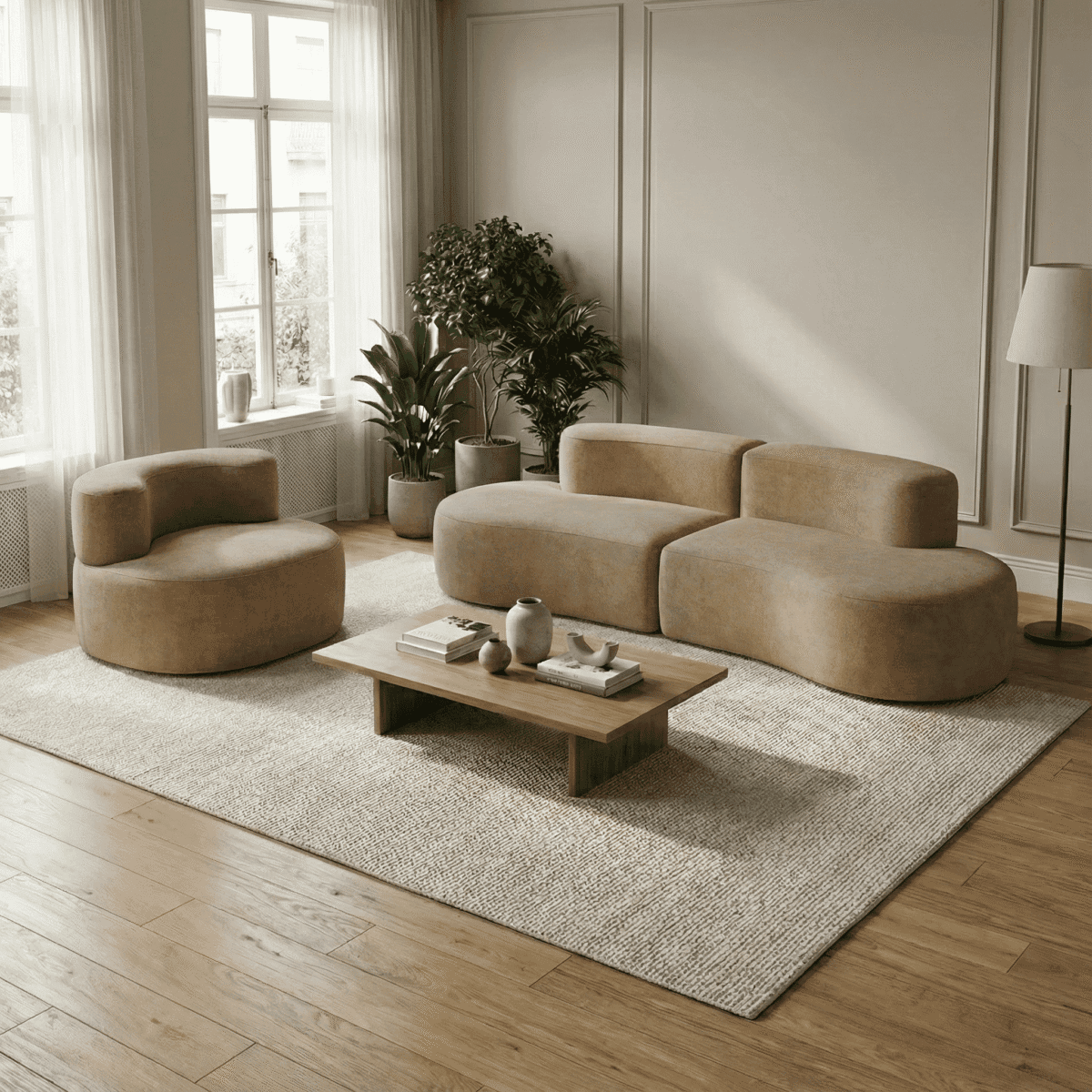 Salon moderne minimaliste beige avec canapé courbe design, fauteuil rond, plante verte et lumière naturelle
