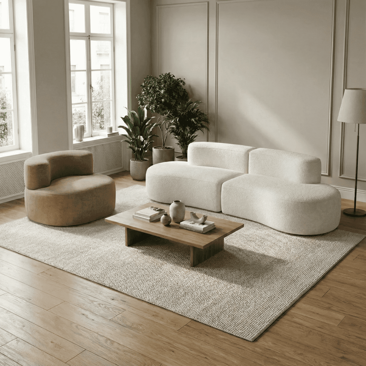 Salon moderne minimaliste avec canapé blanc design, fauteuil beige, table basse bois et plante verte