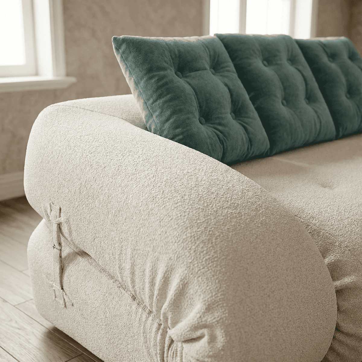 Canapé moderne beige arrondi avec coussins vert foncé, design confortable et élégant pour salon contemporain