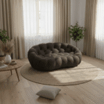 Canapé Rond Marron Salon Contemporain Canapé rond tufté marron dans salon contemporain lumineux avec parquet bois, tapis jute et plantes