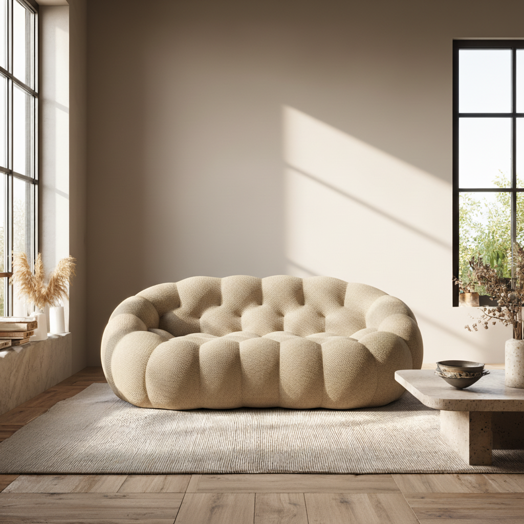 Salon moderne lumineux avec canapé beige arrondi, table basse minimaliste et plantes vertes décoratives.