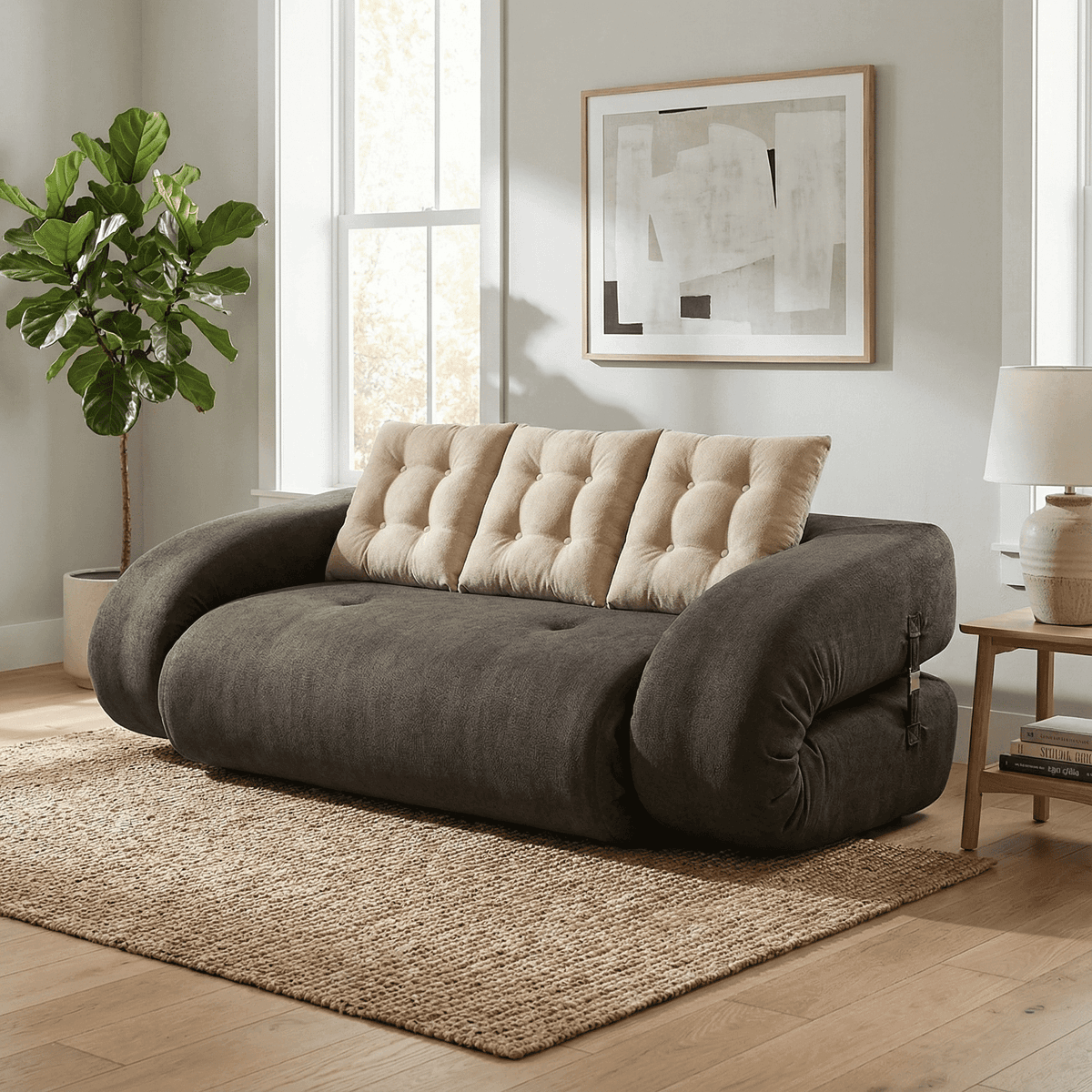 Canapé gris contemporain dans salon lumineux avec tapis clair, lampe design et grande plante verte