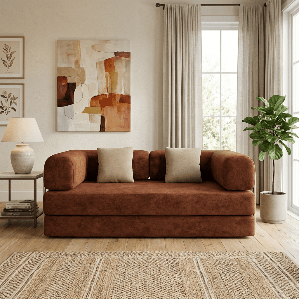 Salon moderne avec canapé en velours marron, grande fenêtre lumineuse, plante verte et déco chaleureuse