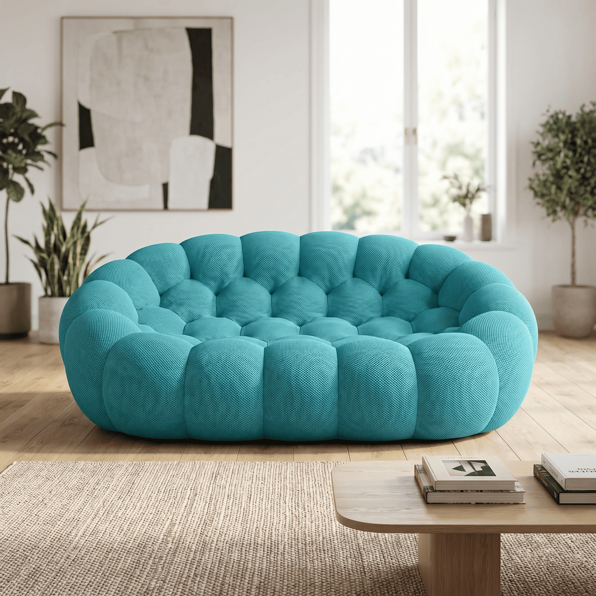 Canapé cocon double en tissu bleu, idéal pour un salon contemporain et cosy.