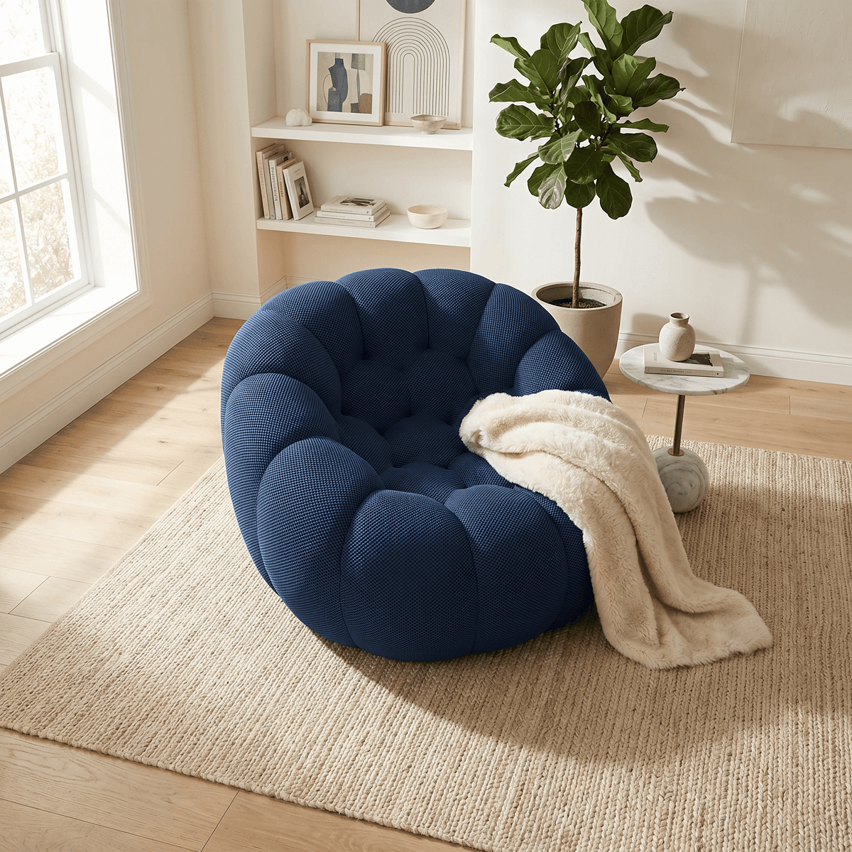 Balcon de détente avec fauteuil cocon bleu foncé.