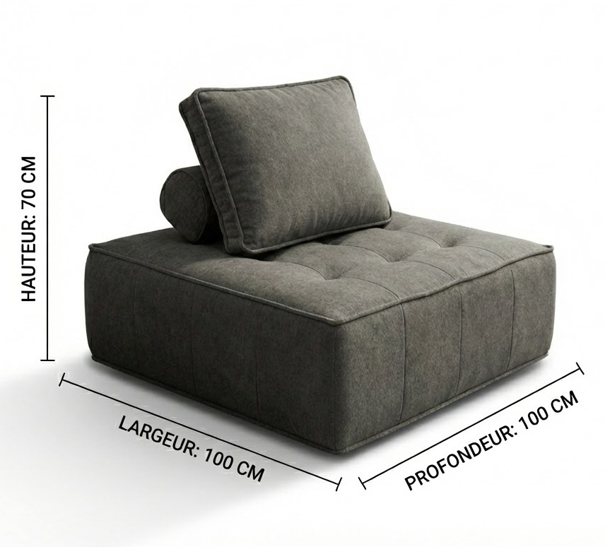 Fauteuil contemporain gris 100x100 cm, assise large et coussins, style moderne et confortable
