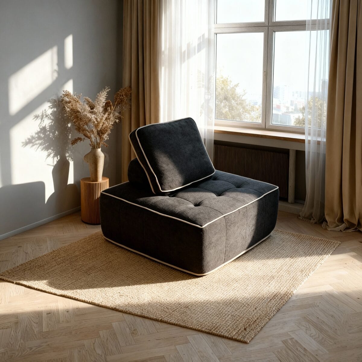 Fauteuil contemporain marron près d’une fenêtre lumineuse dans un salon cosy et minimaliste