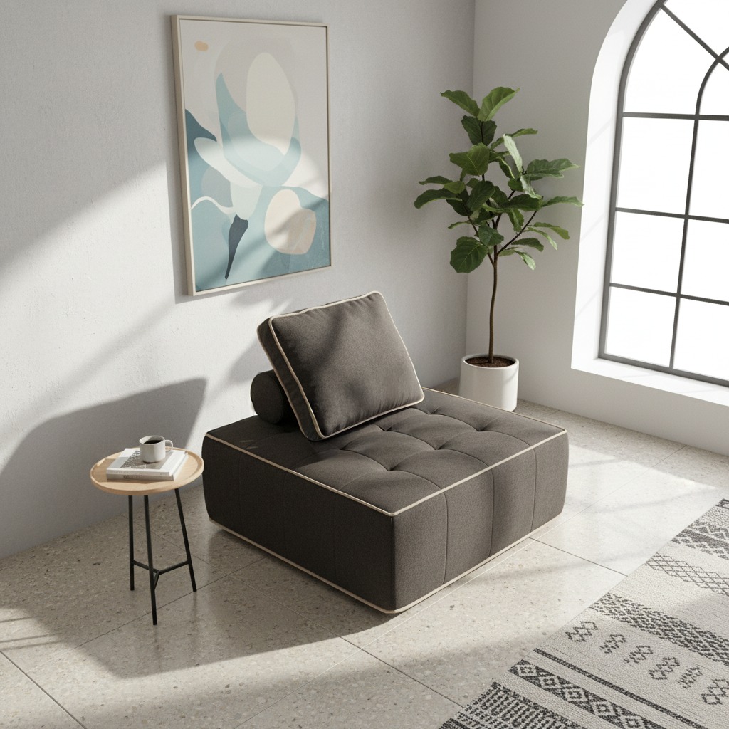 Salon moderne avec fauteuil contemporain marron, table d’appoint, plante verte et grande fenêtre lumineuse