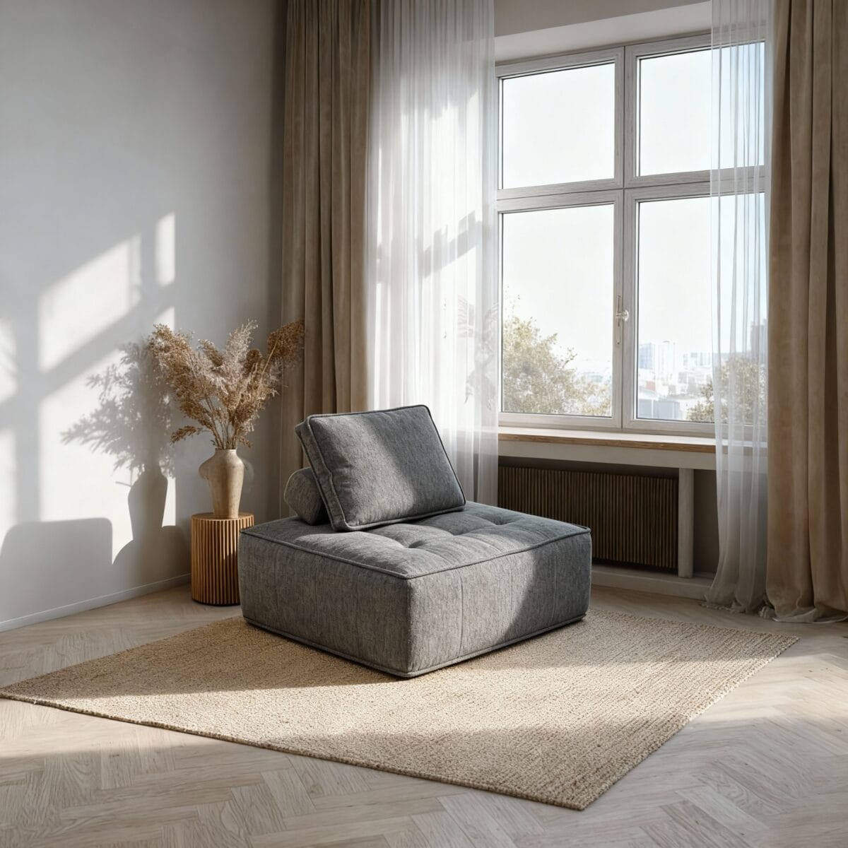 Fauteuil gris confortable près de grande fenêtre lumineuse, salon scandinave avec parquet et décor naturel