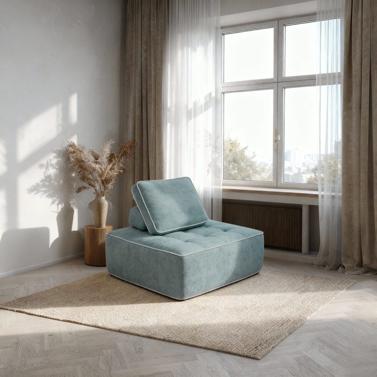Fauteuil lounge vert pastel scandinave dans salon lumineux minimaliste avec plantes séchées