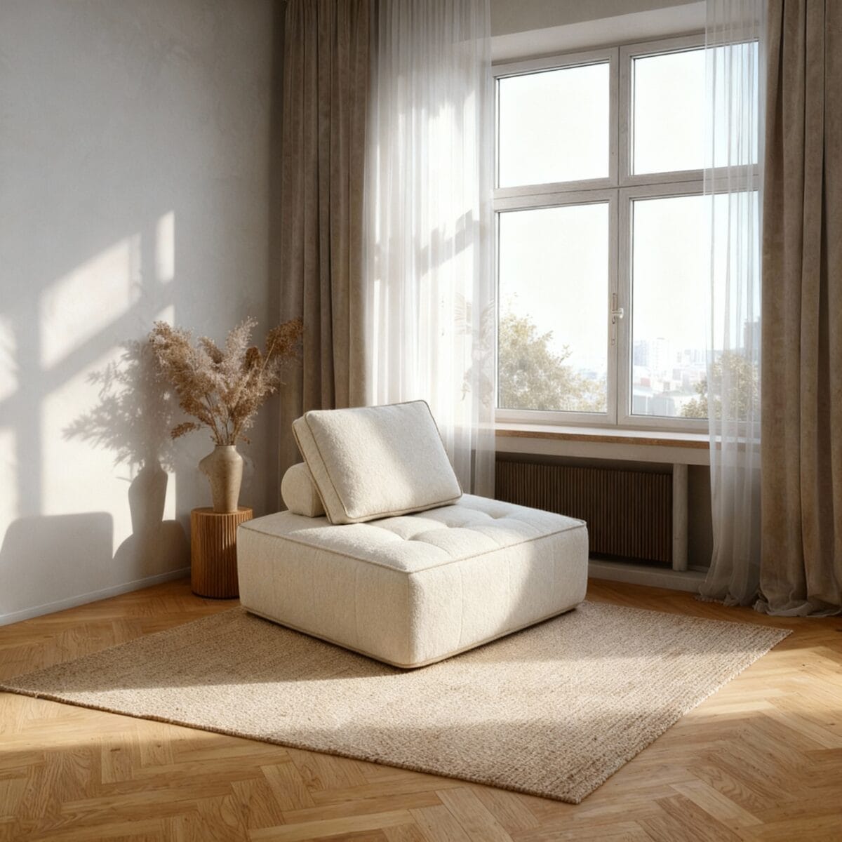 Fauteuil de sol minimaliste beige, salon lumineux avec parquet en chevrons et lumière naturelle
