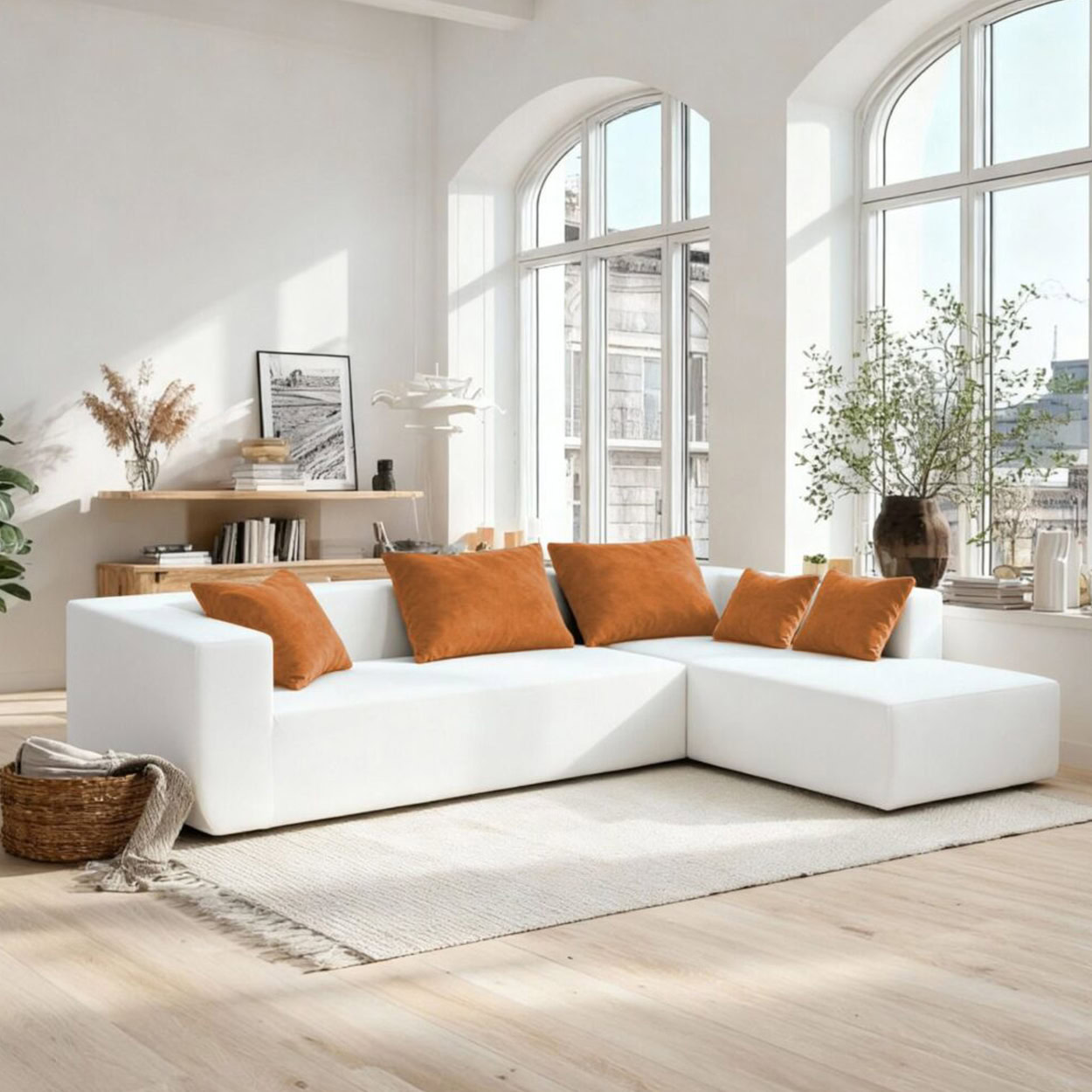 Grand salon moderne lumineux avec grand canapé d’angle blanc, coussins orange et grandes fenêtres