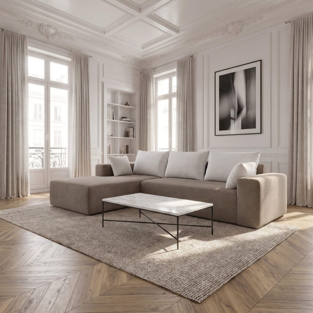 Un salon lumineux au style haussmannien avec canapé d'angle beige, table basse marbrée, parquet chevrons et moulures blanches élégantes.