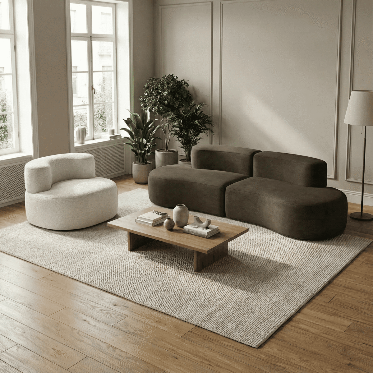 Salon moderne noir et blanc avec canapé courbe, fauteuil rond, grande plante verte et lumière naturelle