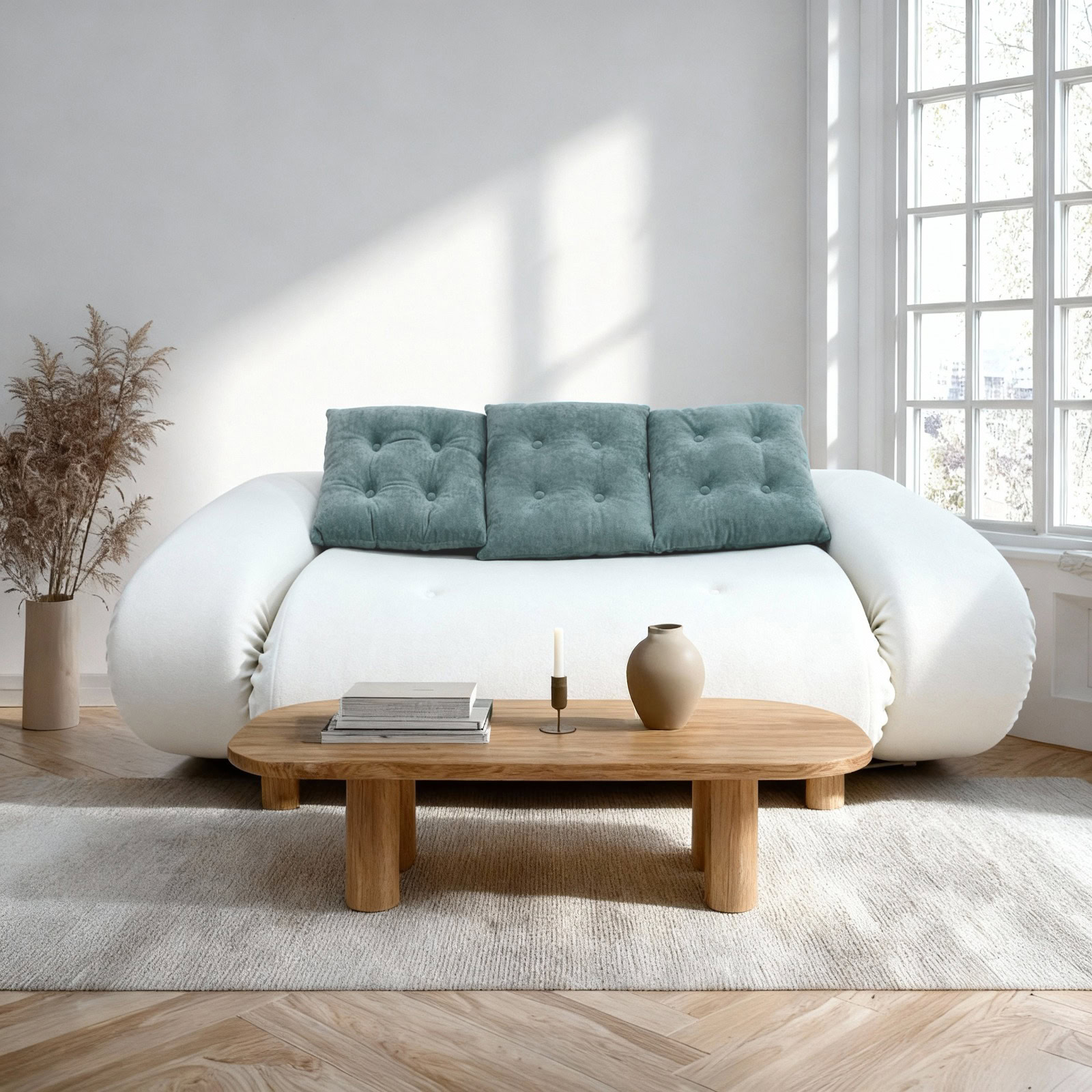 Salon scandinave lumineux avec canapé blanc arrondi, coussins teal, table basse en bois et parquet