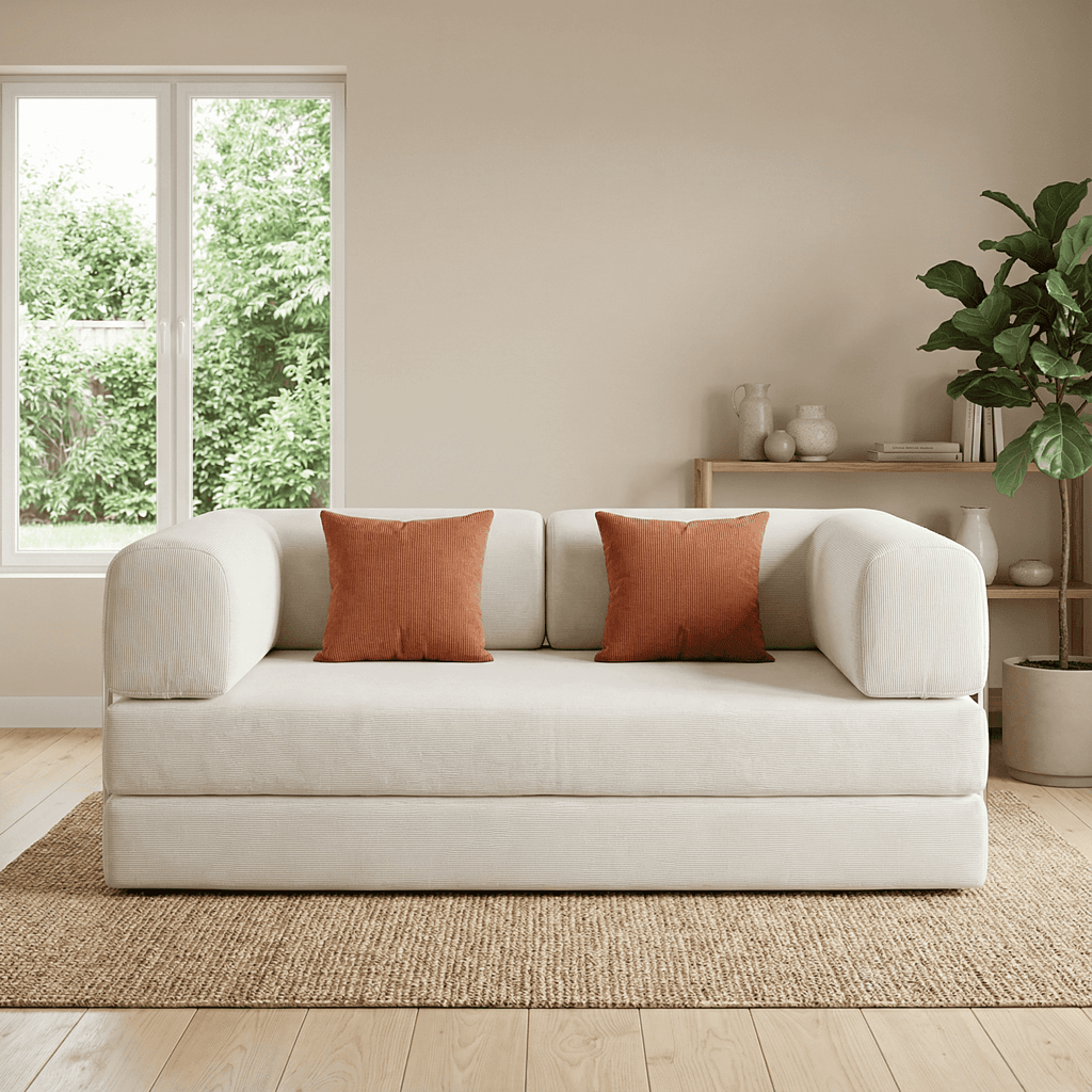 Modernes beiges Sofa mit orangefarbenen Kissen in einem hellen Wohnzimmer, natürliche Dekoration und grosses grünes Fenster