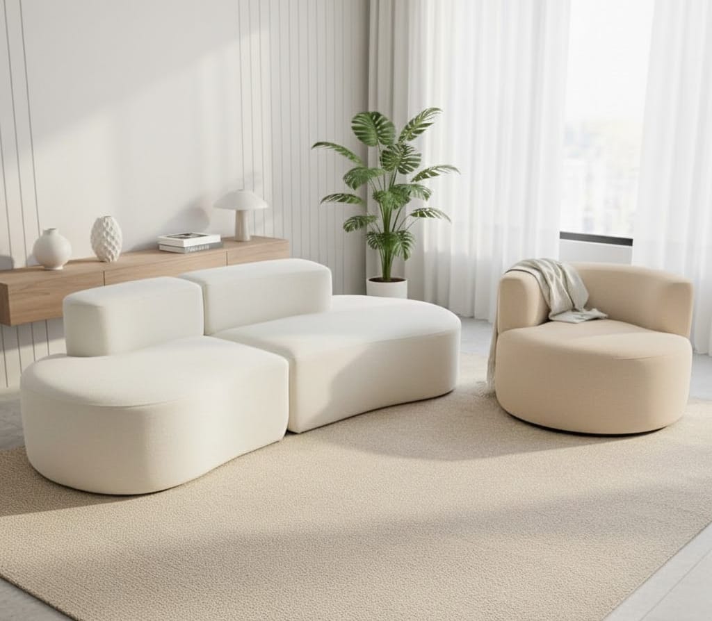 Salon moderne minimaliste avec canapé blanc arrondi, fauteuil beige design et grande plante verte