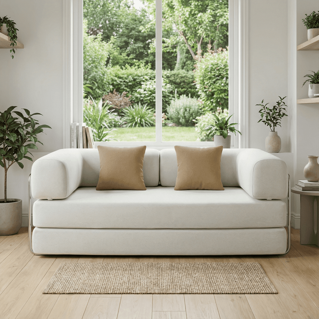 Helles, modernes Wohnzimmer mit weissem Sofa, beigefarbenen Kissen, grünen Pflanzen und einem grossen Erkerfenster.