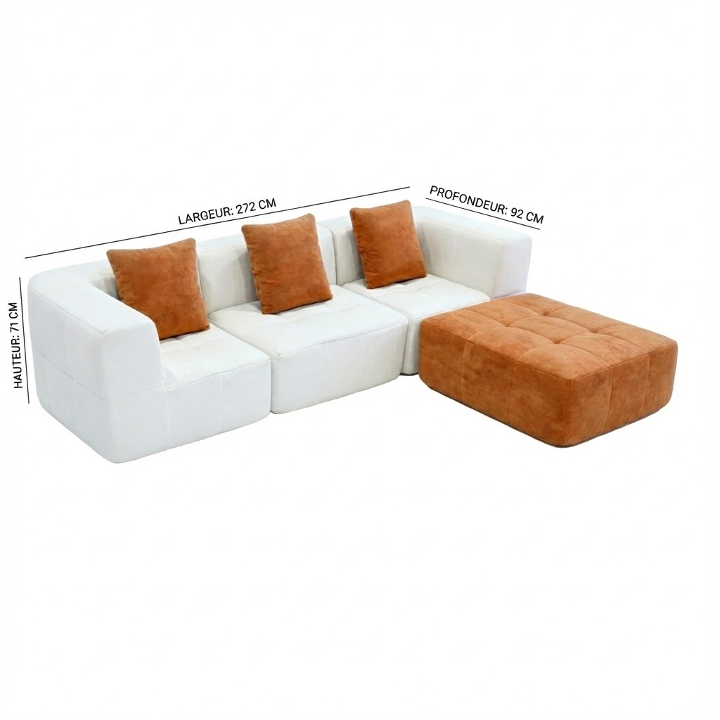 Canapé d’angle blanc avec ottoman et coussins terracotta, design moderne pour salon contemporain