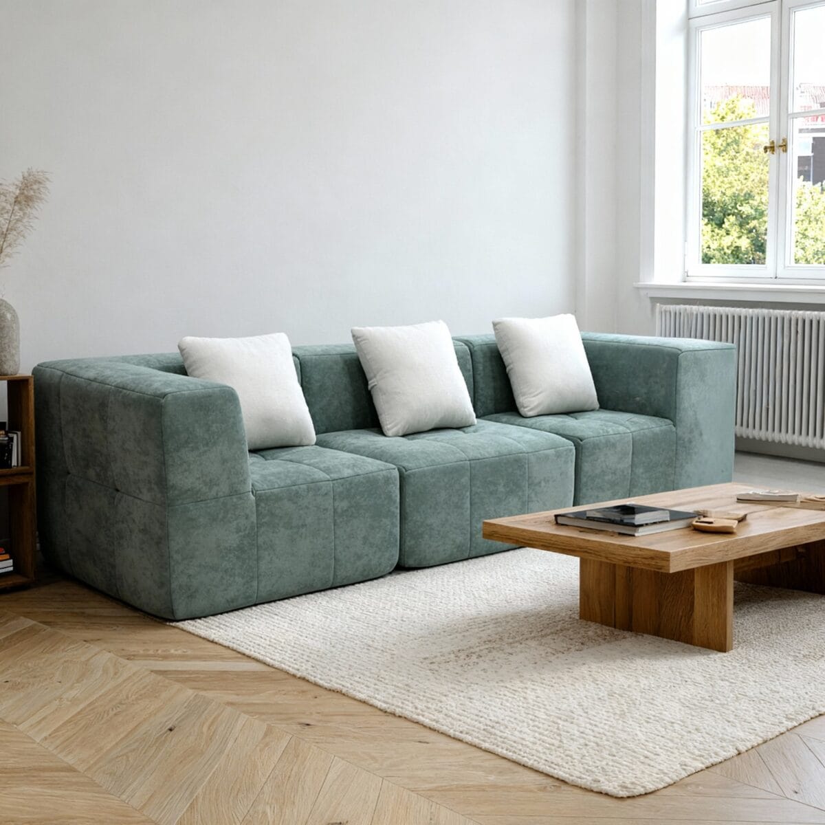 Salon moderne avec canapé vert d’angle, coussins blancs, table basse bois et lumière naturelle