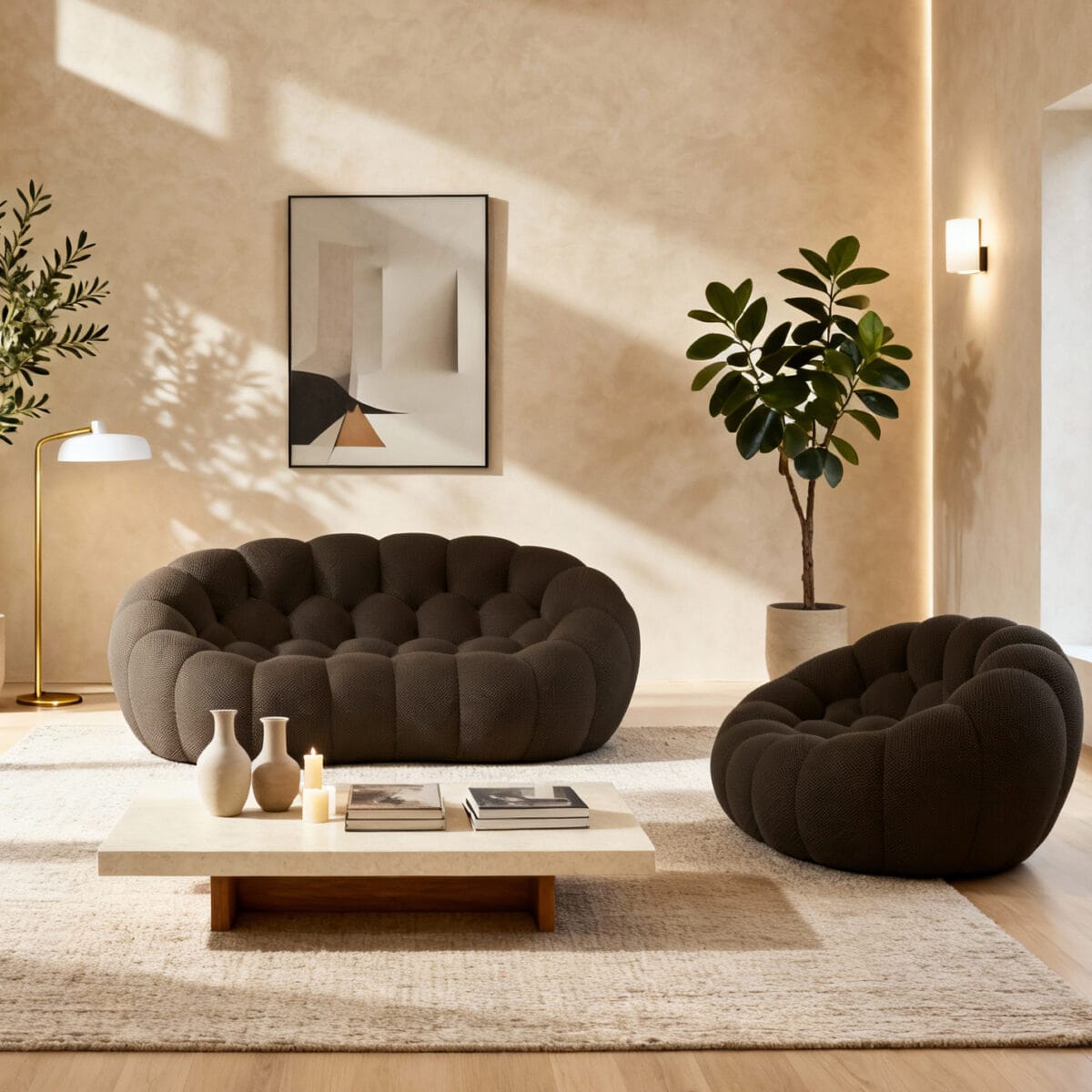 Salon moderne minimaliste avec canapé rond marron, fauteuil assorti, table basse bois clair et plante