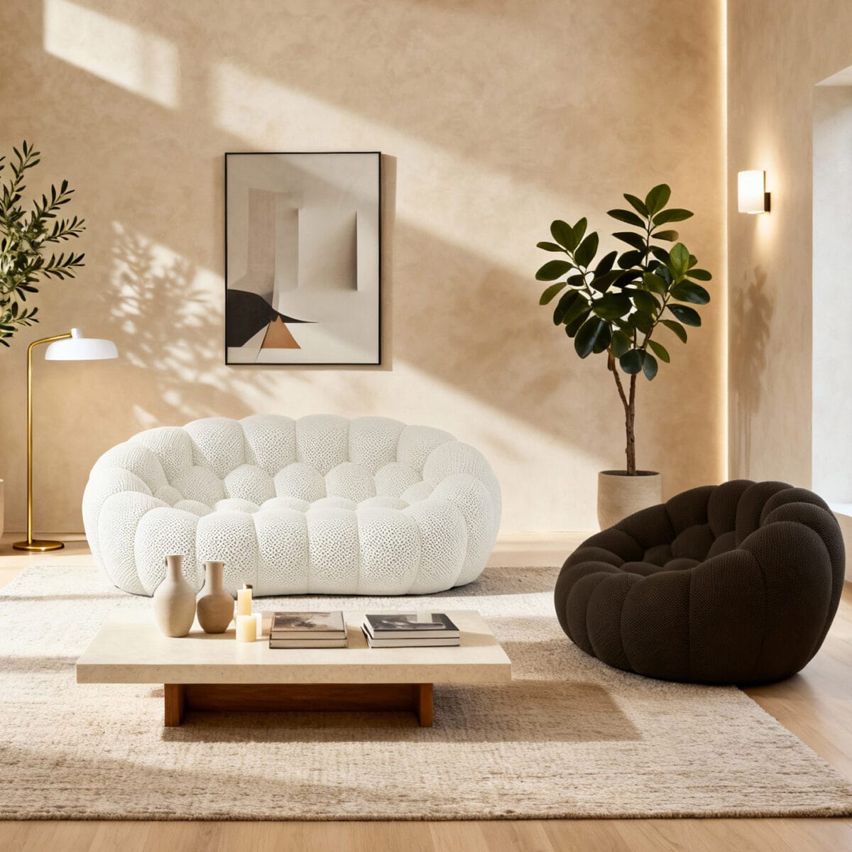Salon moderne beige avec canapé rond blanc, fauteuil marron, table basse bois et plante verte