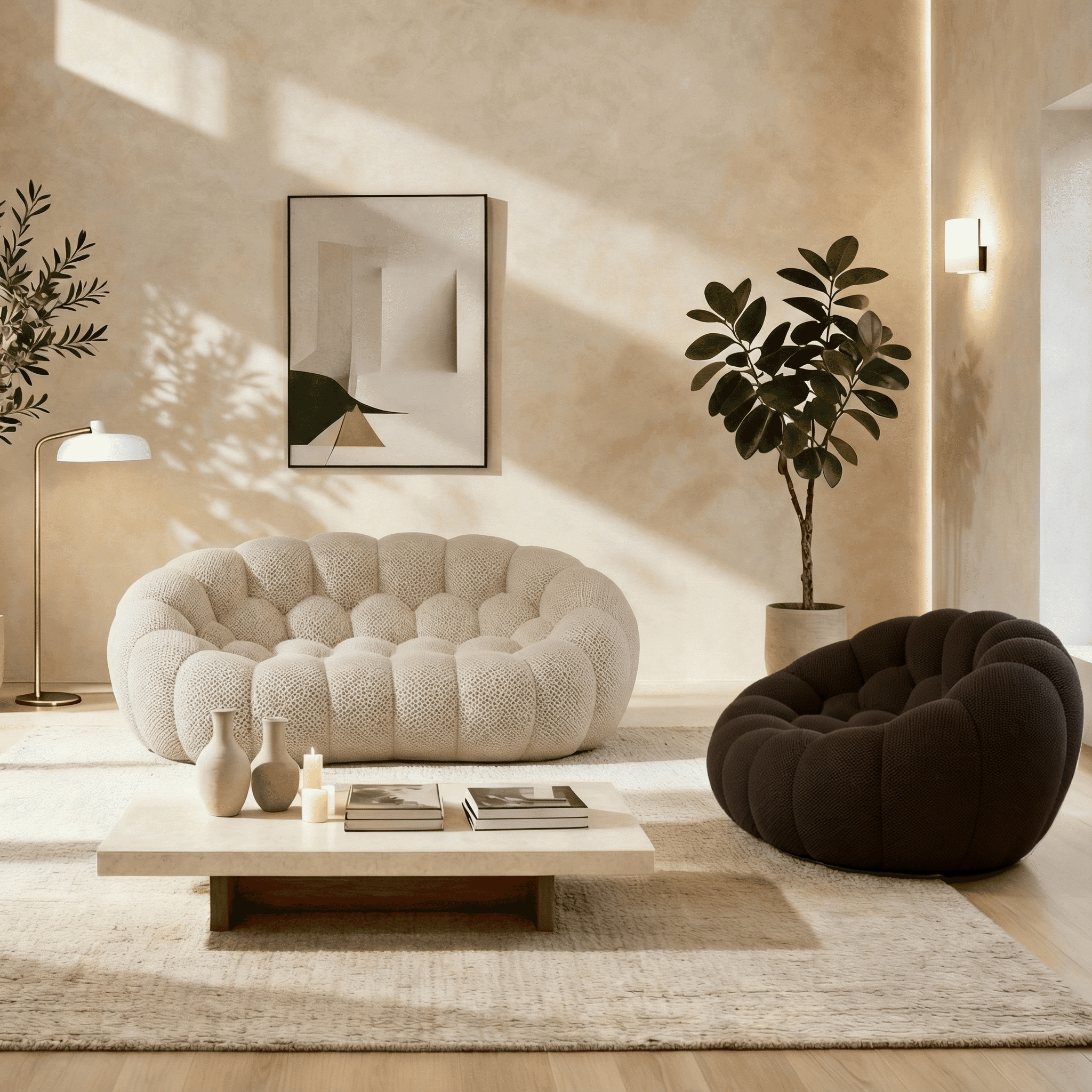 Salon moderne beige avec canapés ronds bicolores, table basse bois clair et plante verte