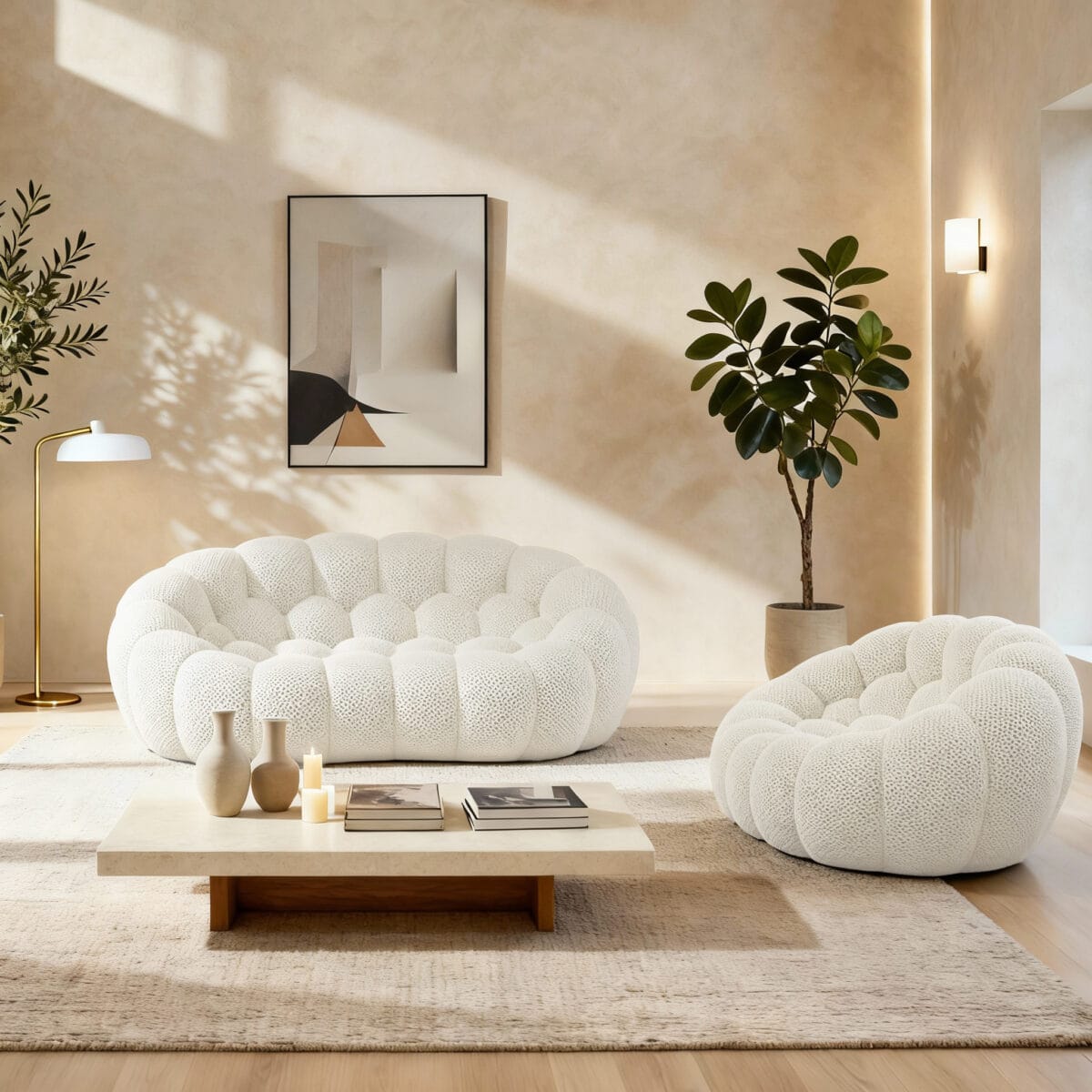Salon cocooning blanc moderne avec canapé tufté, fauteuil assorti, table basse bois et lumière naturelle