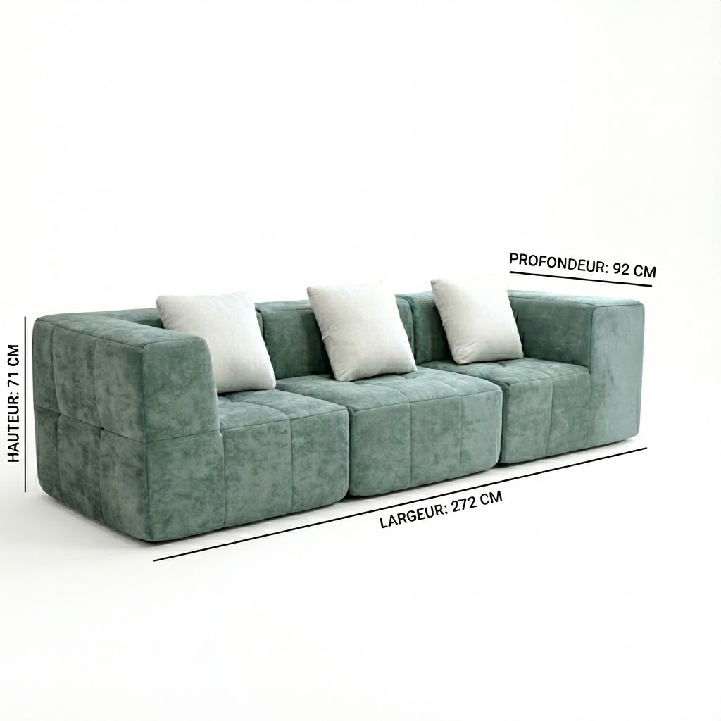 Canapé vert design 3 places, moderne et confortable, grand sofa contemporain avec coussins