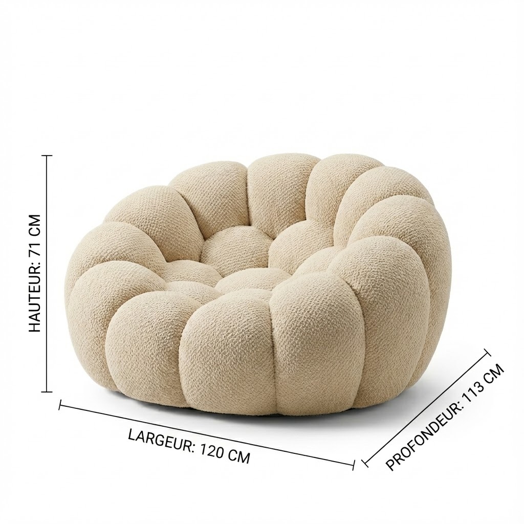 Fauteuil rond cocoon en tissu bouclé beige, large assise confortable pour salon moderne