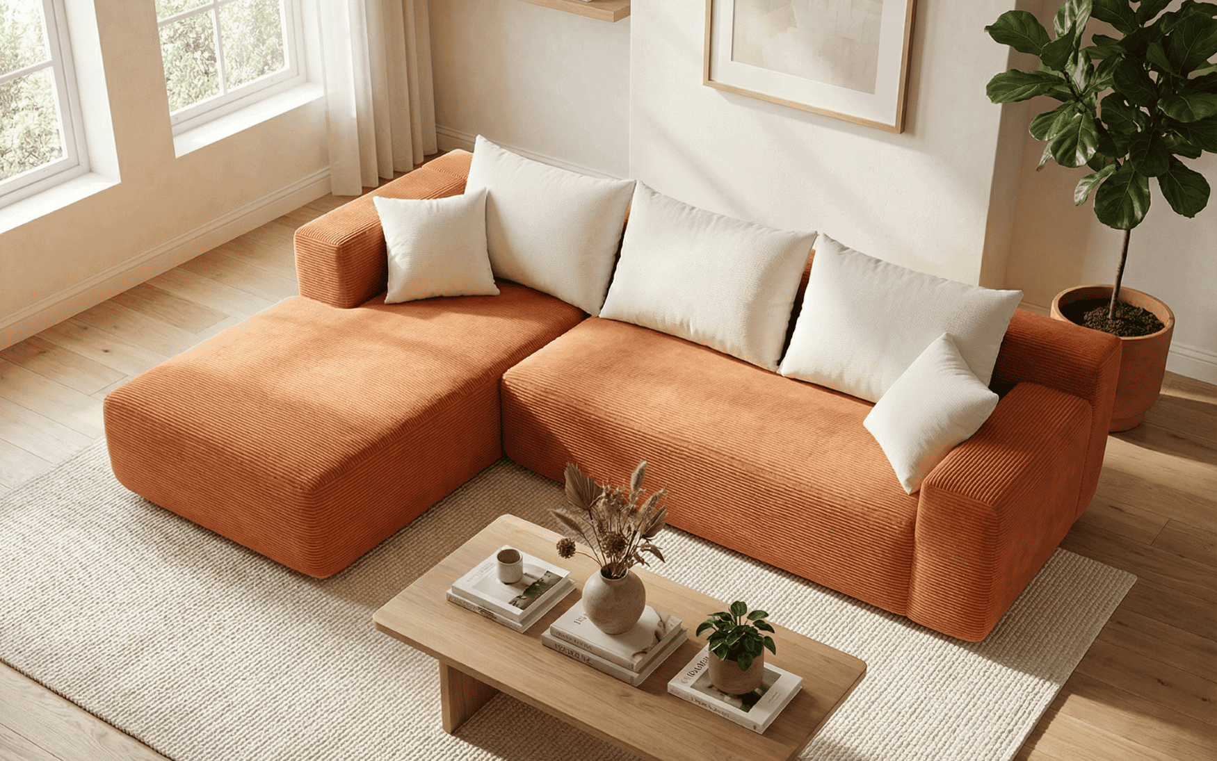 Canapé d'angle en tissu orange dans un salon lumineux et moderne.