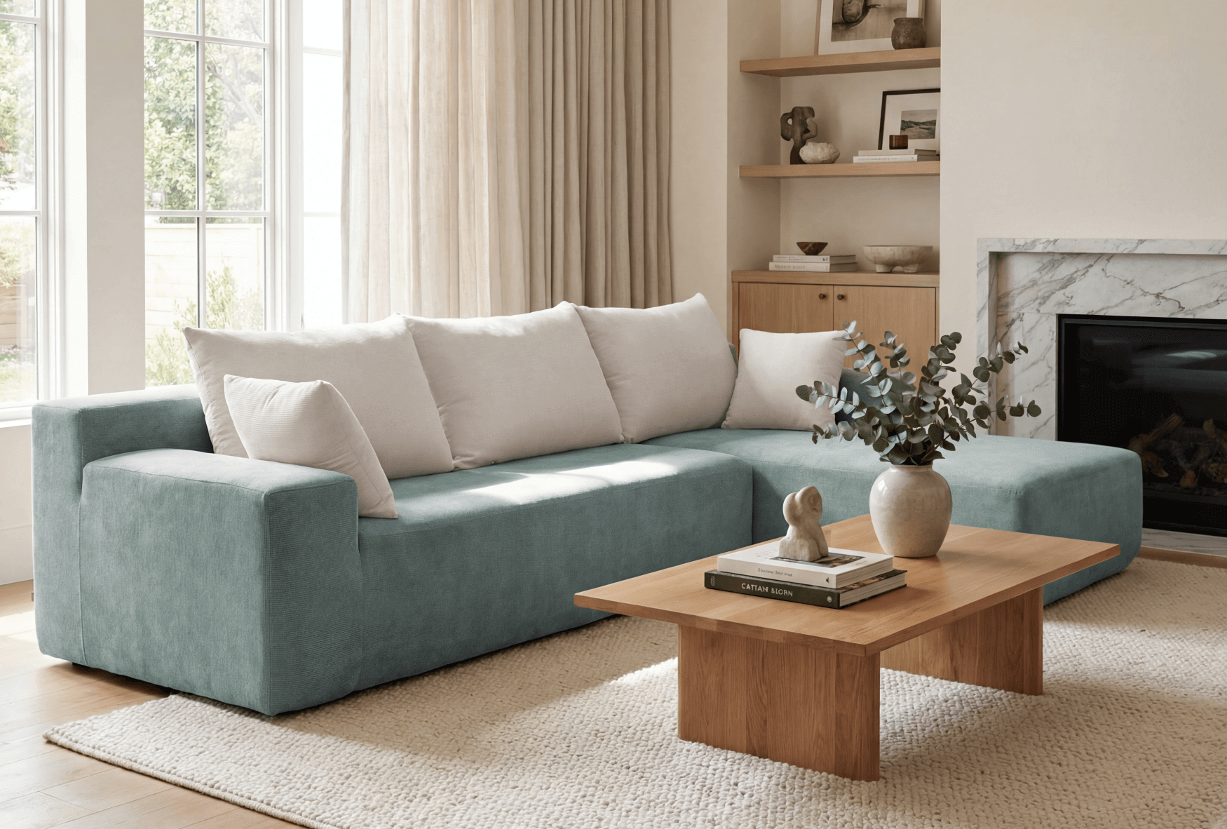 Balcon avec canapé en tissu vert pastel et décoration élégante.