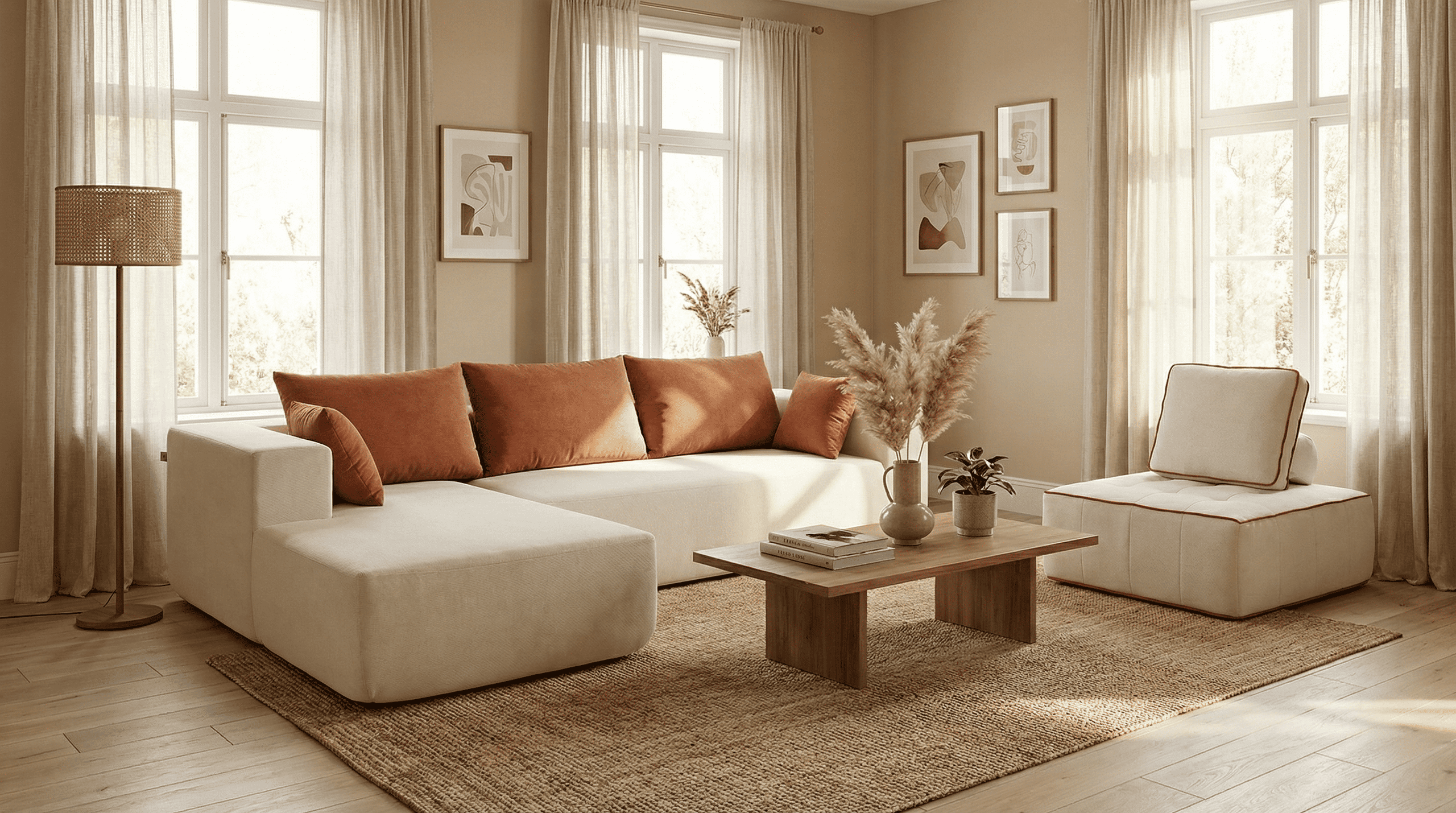 Balcon avec grande fenêtre, salon lumineux, canapé confortable et décoration végétale.