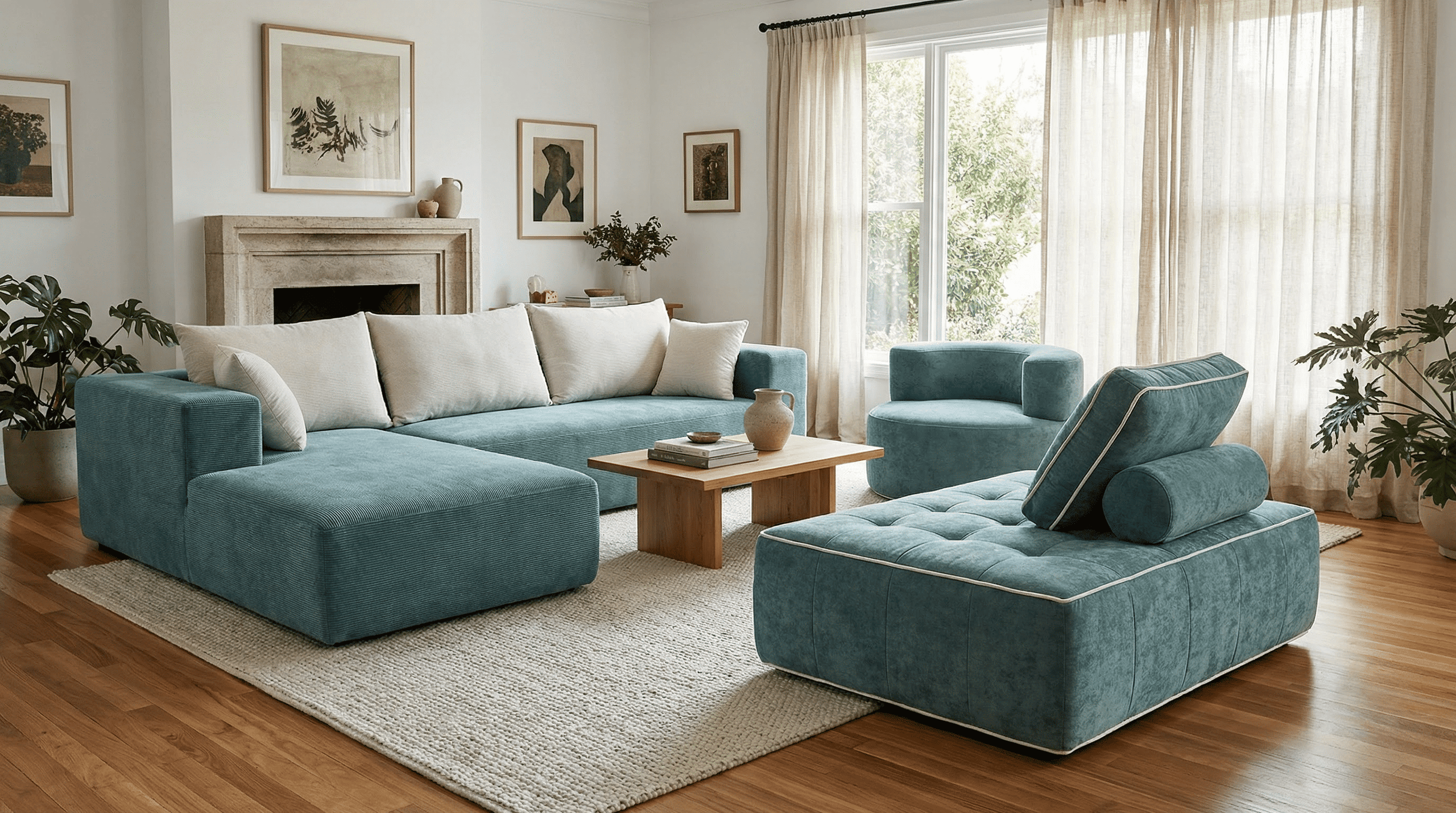 Salon moderne en velours bleu avec canapé et fauteuils confortables.