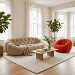 Sofa beige et fauteuil orange dans un salon lumineux Sofa beige et fauteuil orange dans un salon lumineux avec grandes fenêtres et plantes vertes.