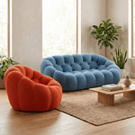 Sofas modernes et confortables pour espace de vie élégant Sofas design bleu et orange dans un salon lumineux avec plantes vertes et mobilier en bois.