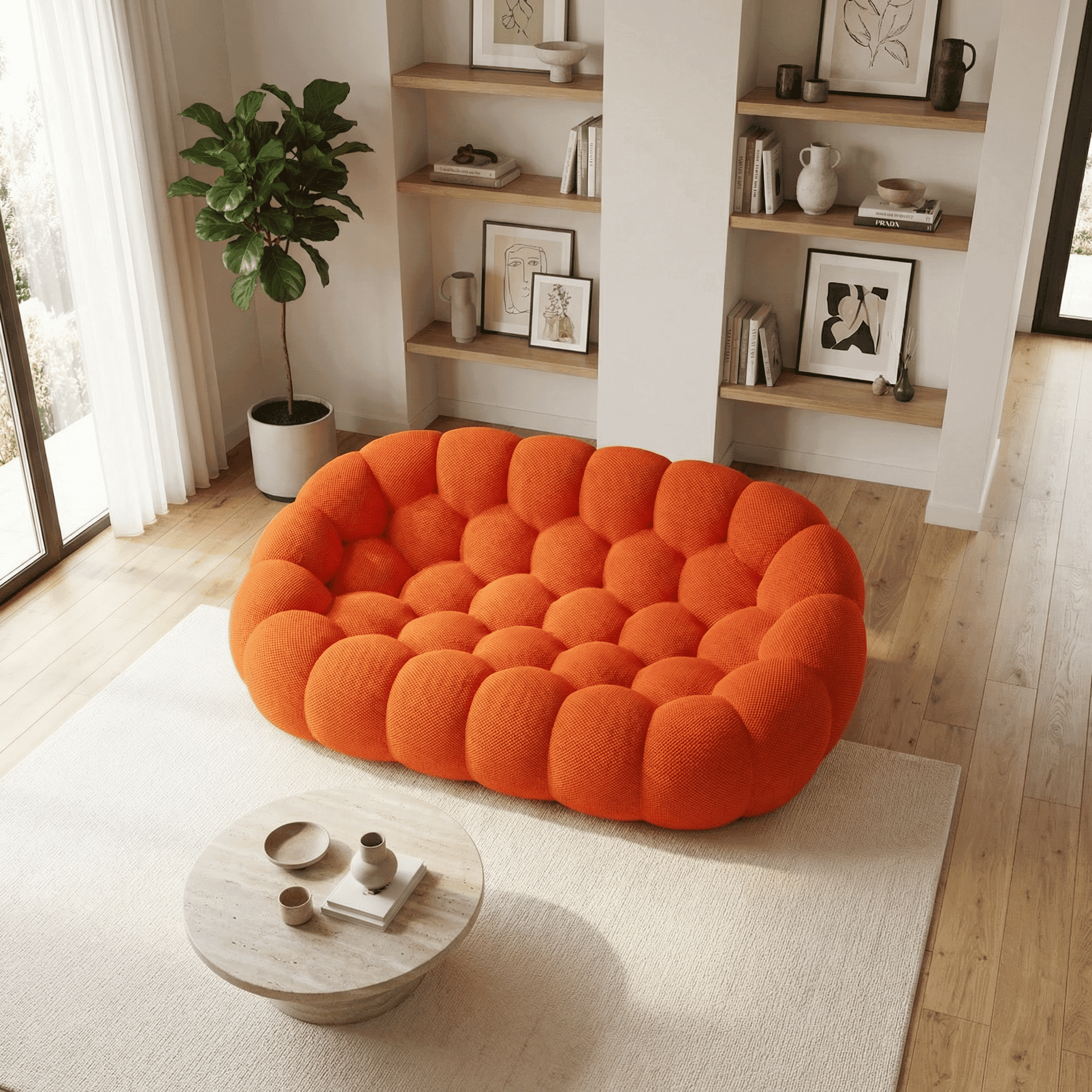 Balcon ou salon avec canapé cocon orange corail.
