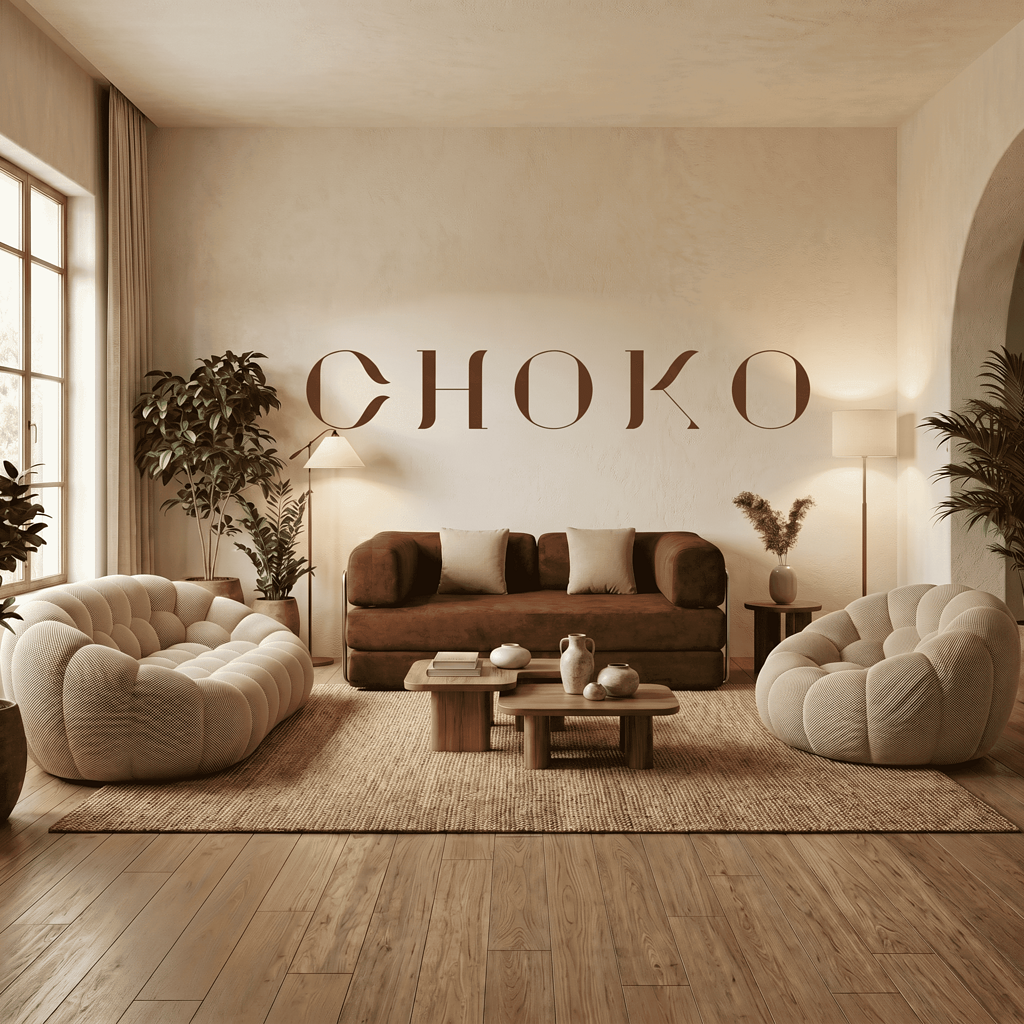 Salon de style scandinave avec canapés beige et mobilier en bois, ambiance chaleureuse et lumineuse,.