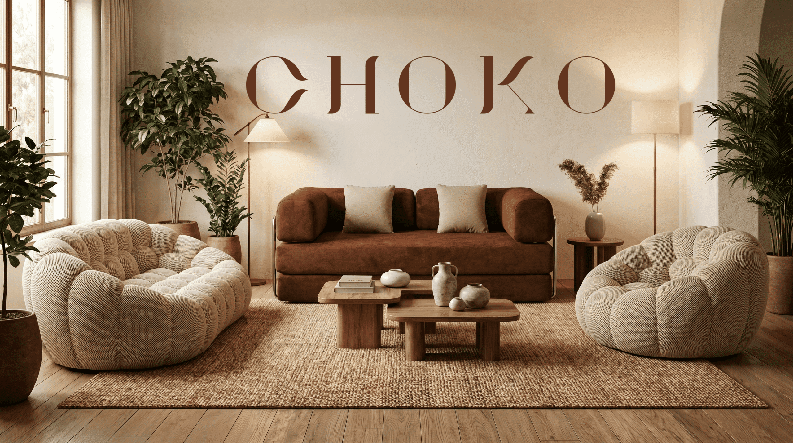 Salon cosy avec canapés beige et marron, décoration élégante et plantes vertes, ambiance chaleureuse.
