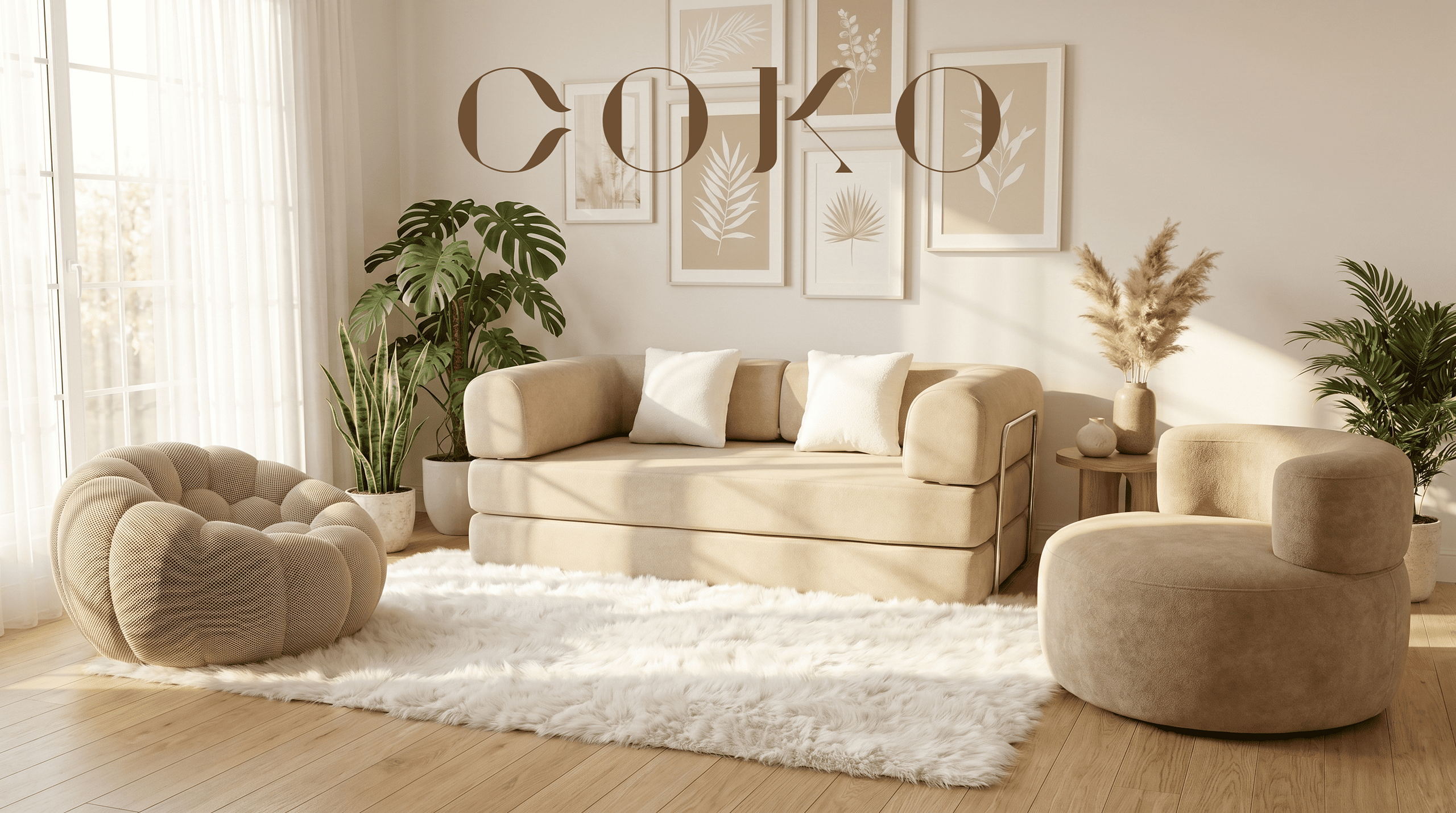 Salon cosy avec canapé beige, fauteuils arrondis et décoration naturelle.