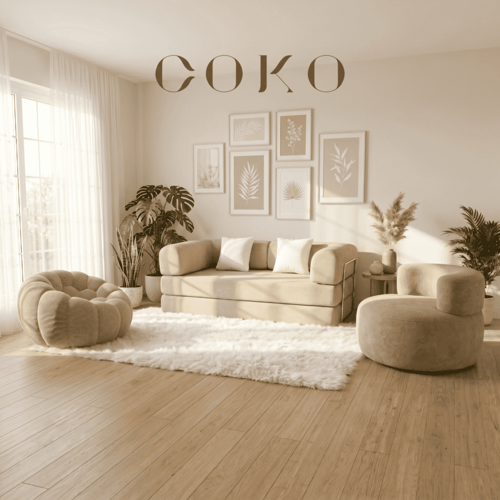 Sofa beige dans un salon lumineux avec décoration végétale et œuvres d'art murales, ambiance chaleur.