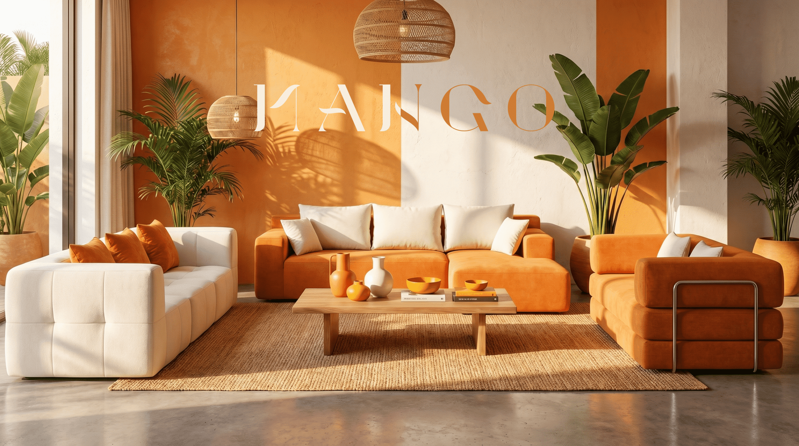 Sofas modernes et confortables dans un salon lumineux avec décoration chaleureuse et plantes vertes.