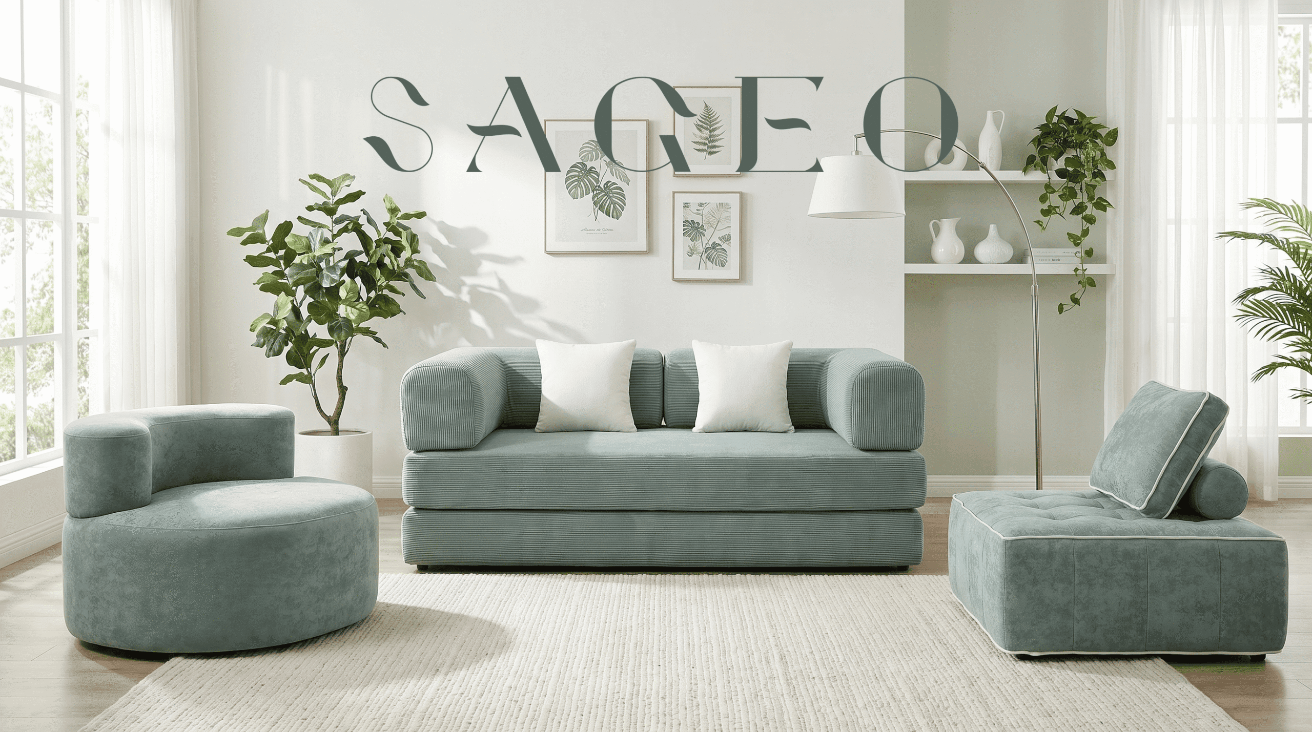 Salon moderne avec canapé modulable en tissu vert pastel et fauteuils assortis.
