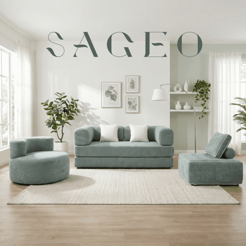 Mobilier de salon scandinave en tissu bleu pastel.