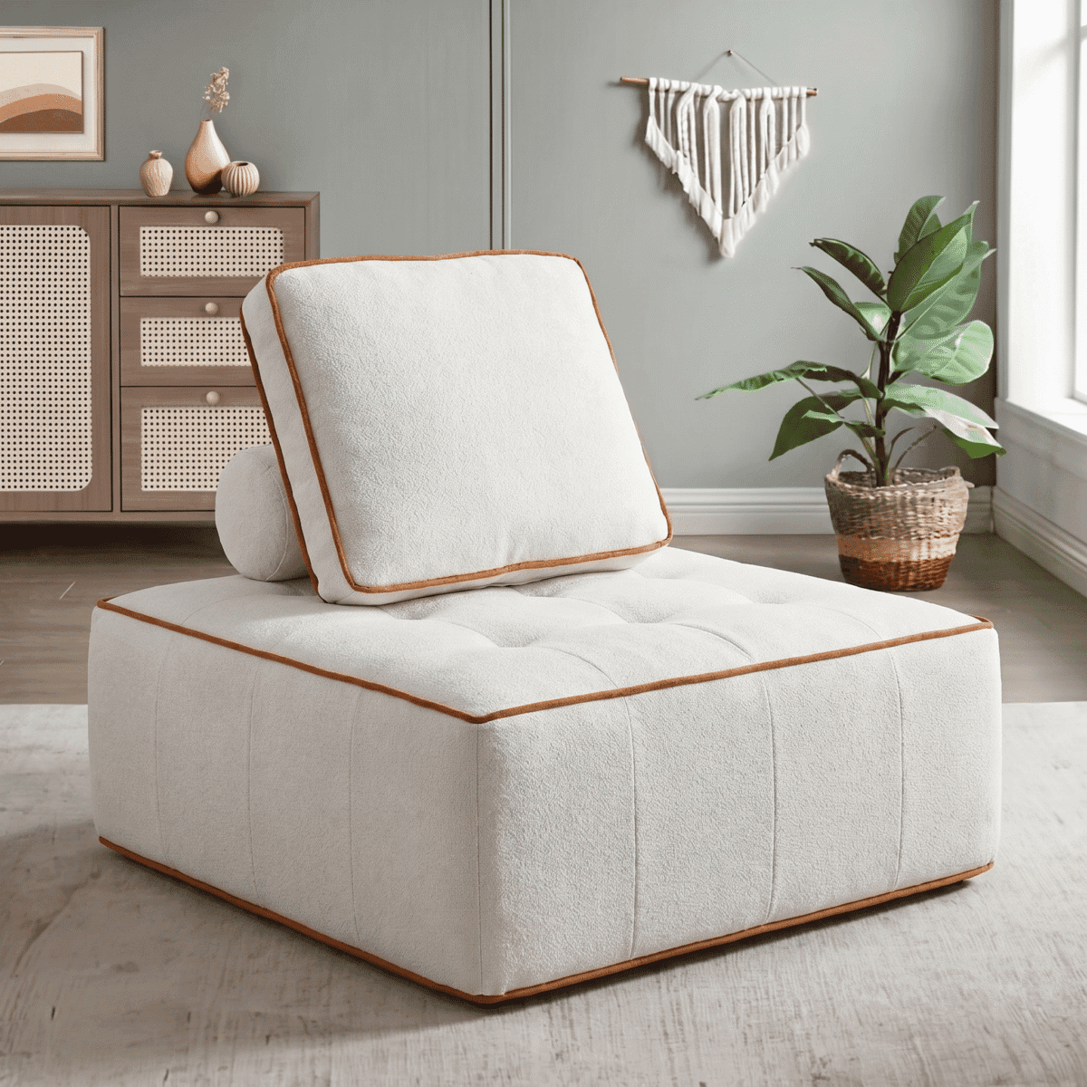 Coussin de canapé blanc avec détails en cuir synthétique, parfait pour un intérieur moderne et éléga.