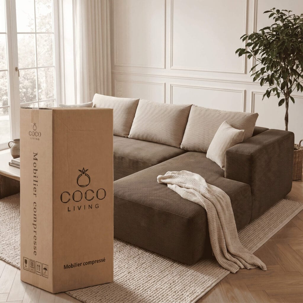 Un canapé modulable marron avec coussins beiges et son carton d'emballage Coco Living, dans un salon lumineux aux murs blancs avec plante verte.