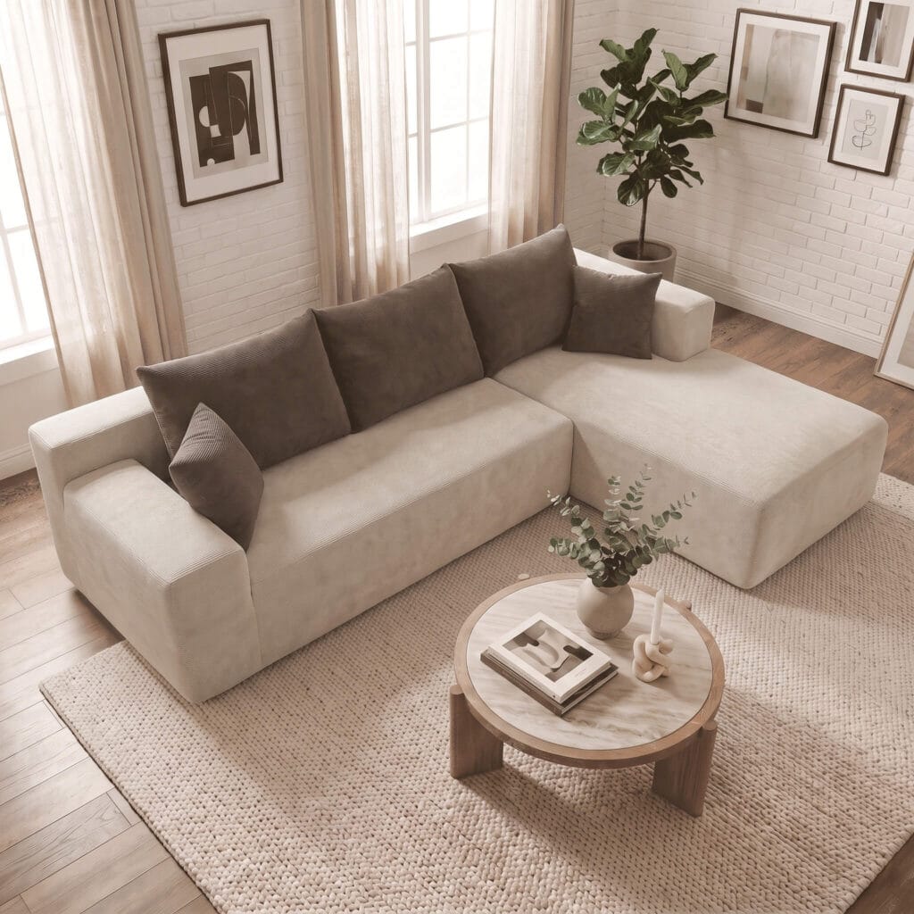 Un canapé d'angle beige avec coussins gris dans un salon lumineux aux tons naturels, avec table basse ronde, plante verte et décoration murale épurée.